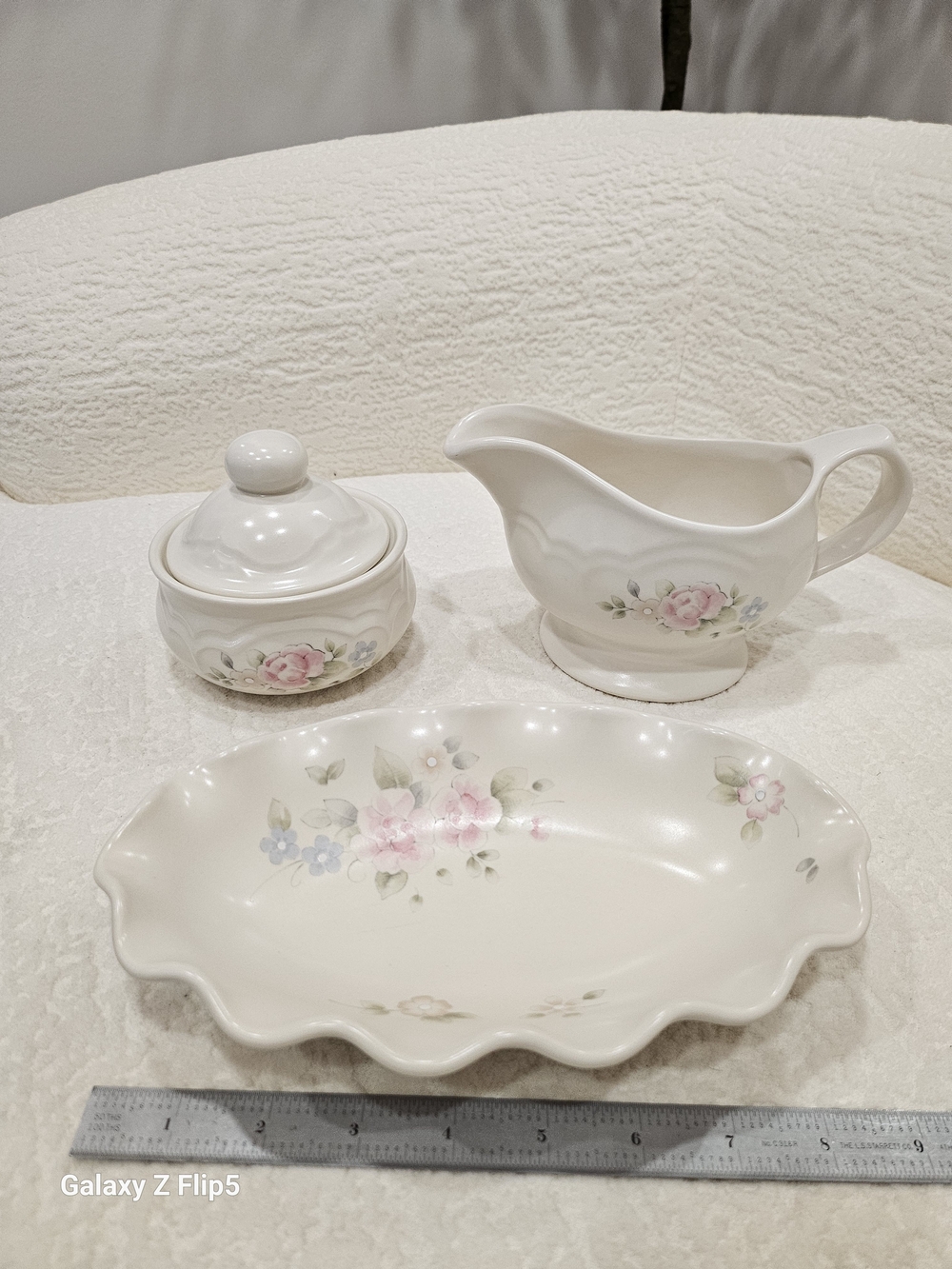 White Floral Ceramic Gravy Boat, Sugar Bowl & Serving Dish Set